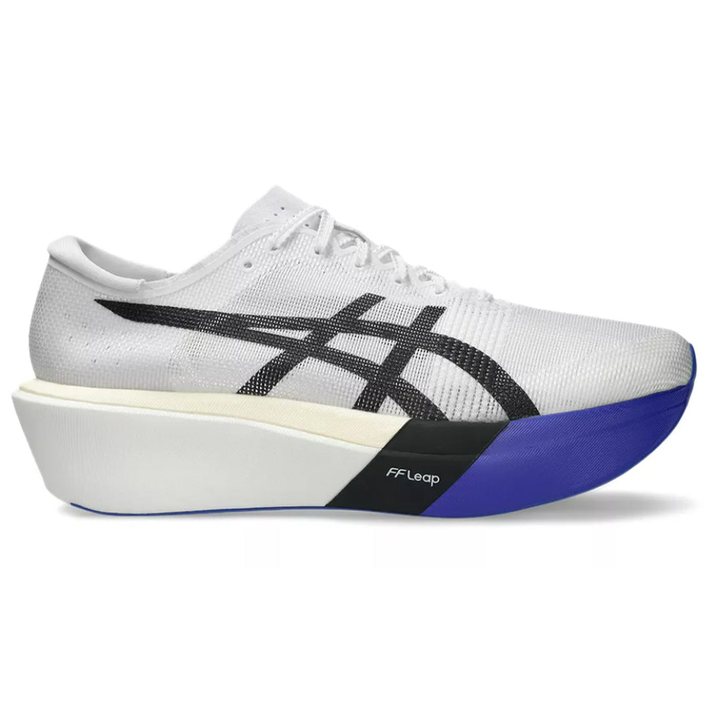 Side view on white background of Mens Asics Metaspeed running shoe in White/Cobalt Burst, Medium (Regular) width