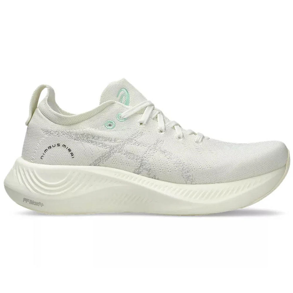 Side view on white background of Mens Asics Nimbus Mirai running shoe in White/White, Medium (Regular) width