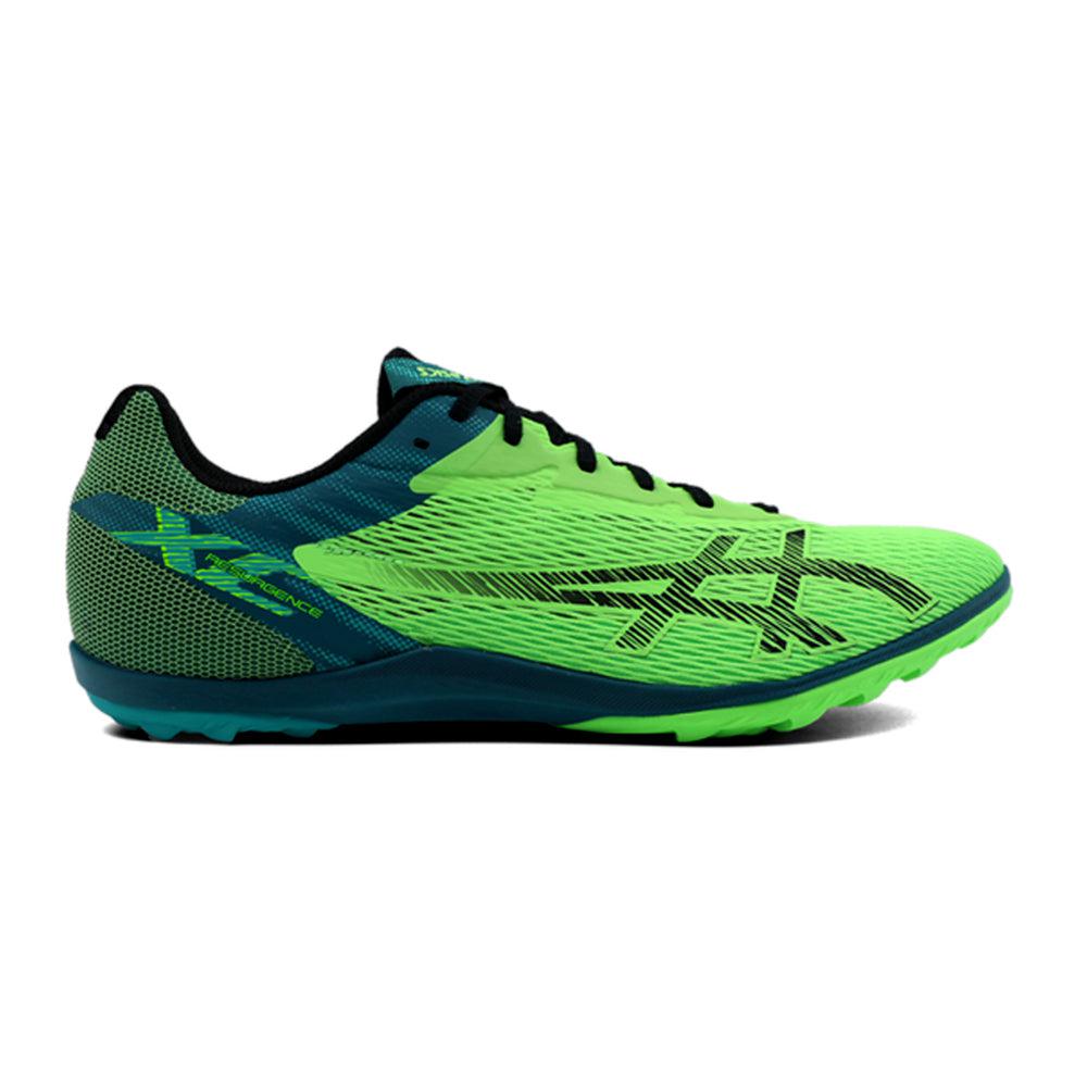 Side view on white background of Mens Asics Resurgence XC running shoe in Green Gecko/Black, Medium (Regular) width