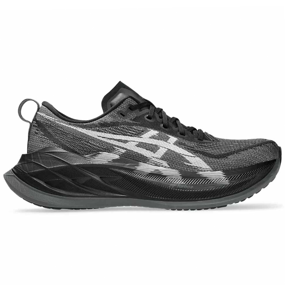 Side view on white background of Womens Asics Superblast running shoe in Black/White, Medium (Regular) width