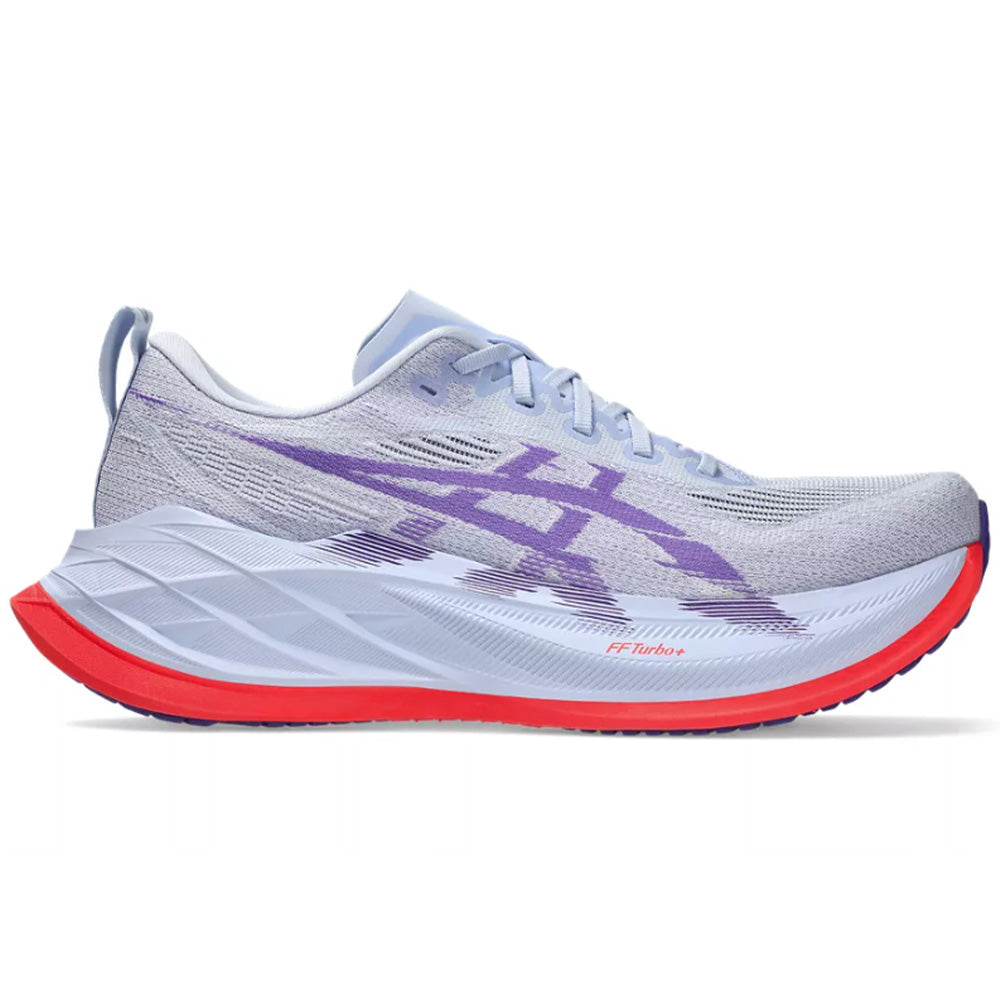 Side view on white background of Mens Asics Superblast running shoe in Blue Fade/Edo Purple, Medium (Regular) width