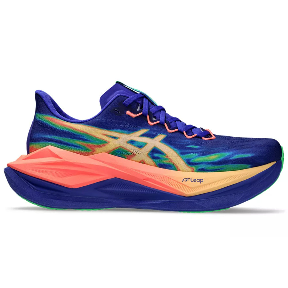 Side view on white background of Mens Asics Superblast running shoe in Cobalt Burst/Light Orange, Medium (Regular) width