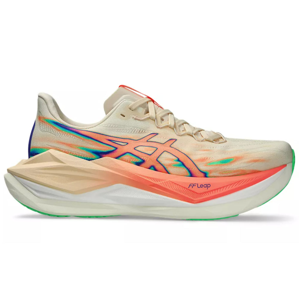 Side view on white background of Mens Asics Superblast running shoe in Seashell/Sun Coral, Medium (Regular) width