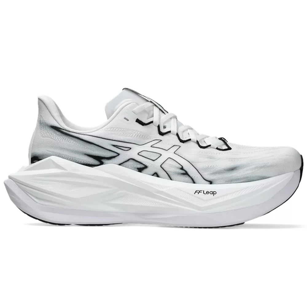Side view on white background of Mens Asics Superblast running shoe in White/Black, Medium (Regular) width
