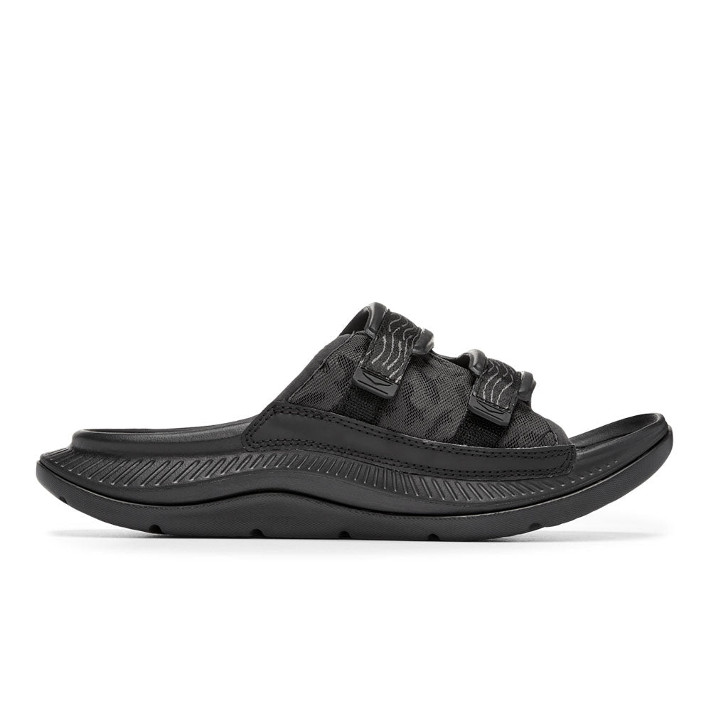 Side view on white background of Womens Hoka Ora running shoe in Black/Black, Medium (Regular) width