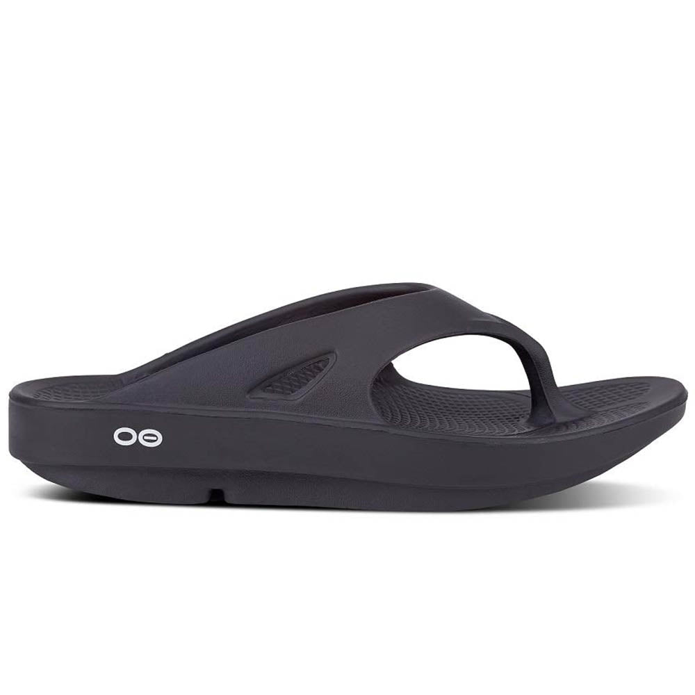 Side view on white background of Mens OOFOS OOriginal running shoe in Black, Medium (Regular) width