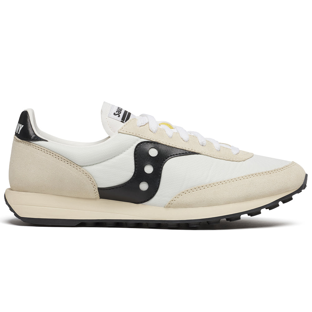 Side view on white background of Mens Saucony Trainer running shoe in White/Black, Medium (Regular) width