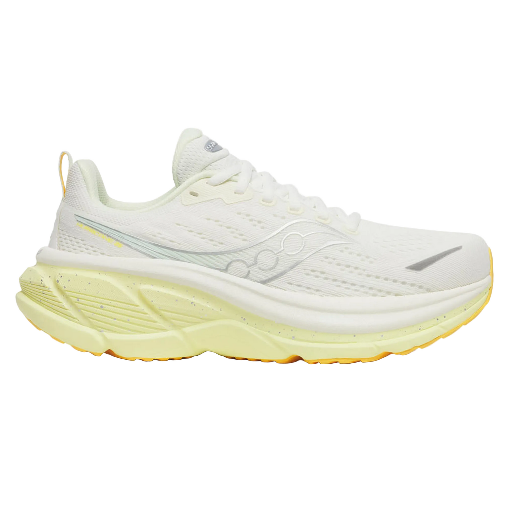 Side view on white background of Womens Saucony Hurricane 25 running shoe in Ivory/Tender, Medium (Regular) width
