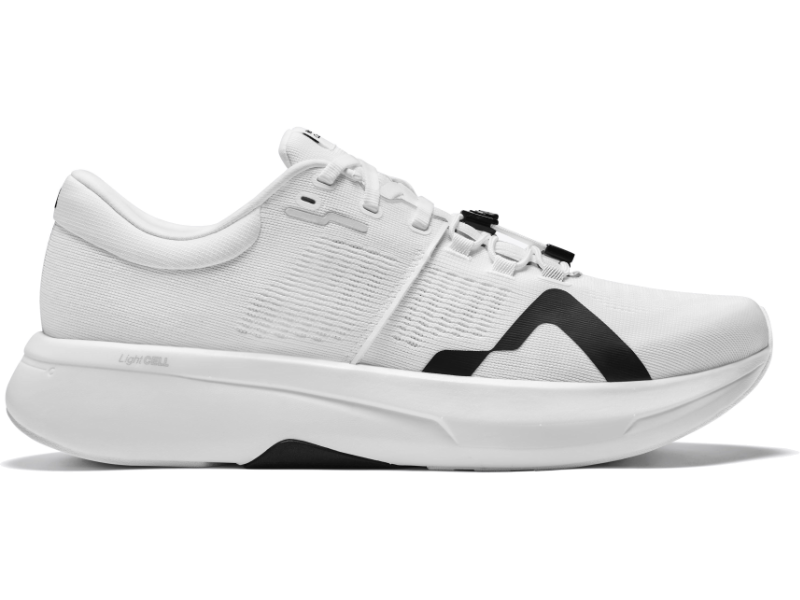 Side view on white background of Womens Mount To Coast R1 running shoe in White, Medium (Regular) width