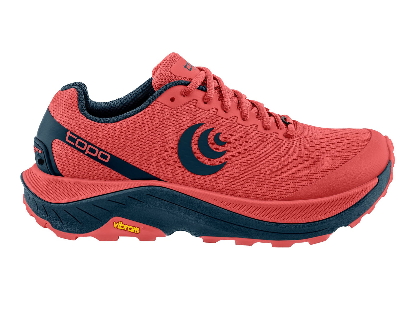 Side view on white background of Womens Topo Athletic Ultraventure 3 running shoe in Dusty Rose/Navy, Medium (Regular) width
