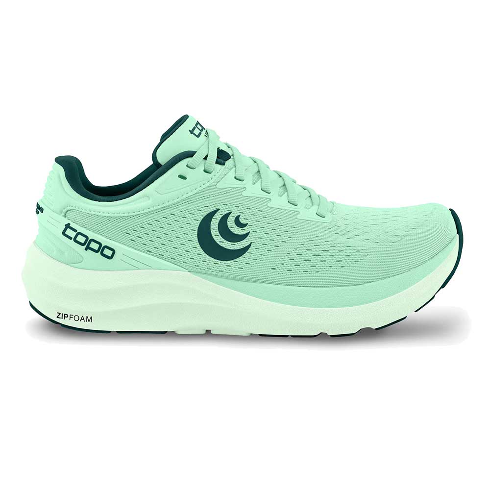 Side view on white background of Womens Topo Athletic Phantom 3 running shoe in Mint/Emerald, Medium (Regular) width