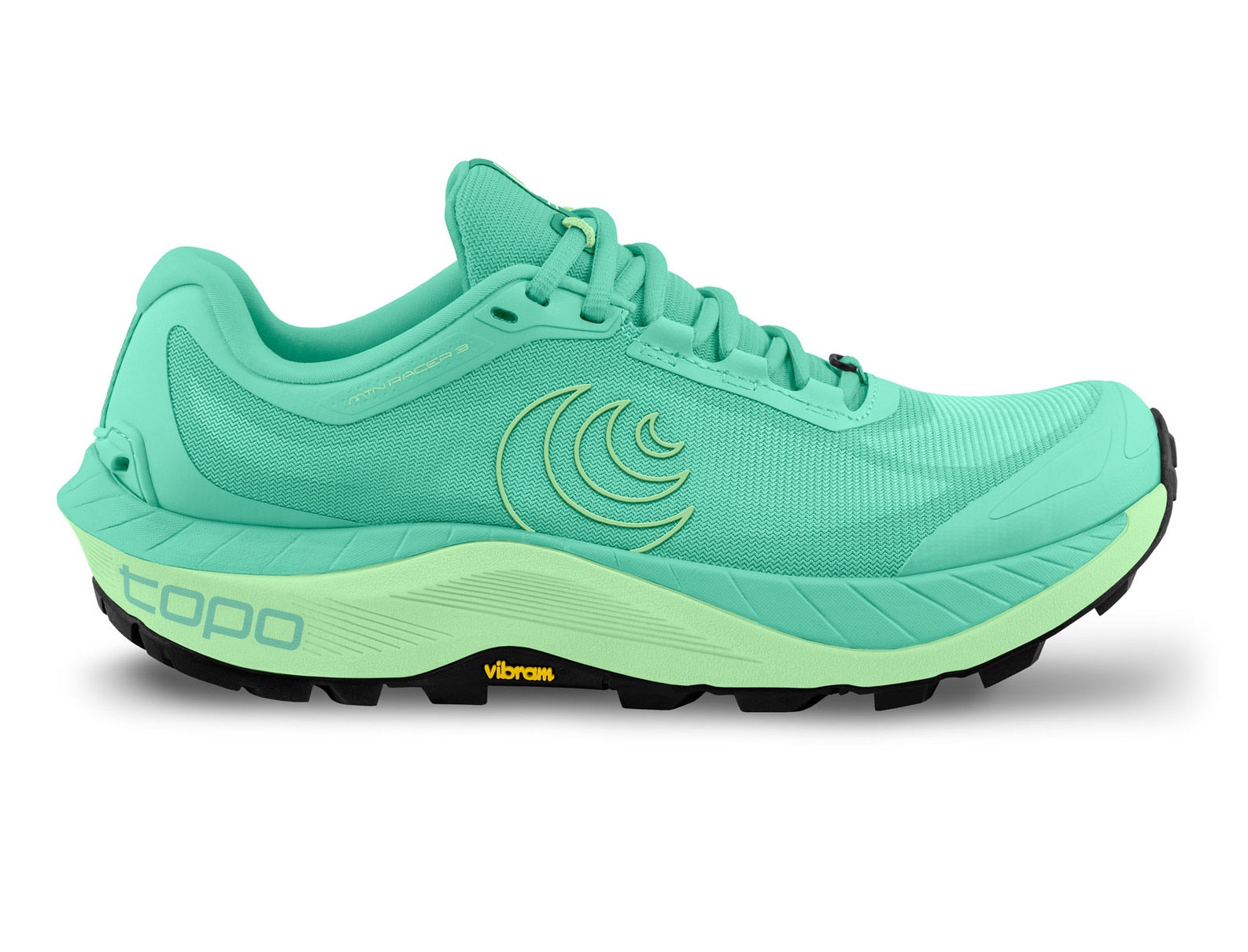 Side view on white background of Womens Topo Athletic MTN Racer 3 running shoe in Aqua/Teal, Medium (Regular) width