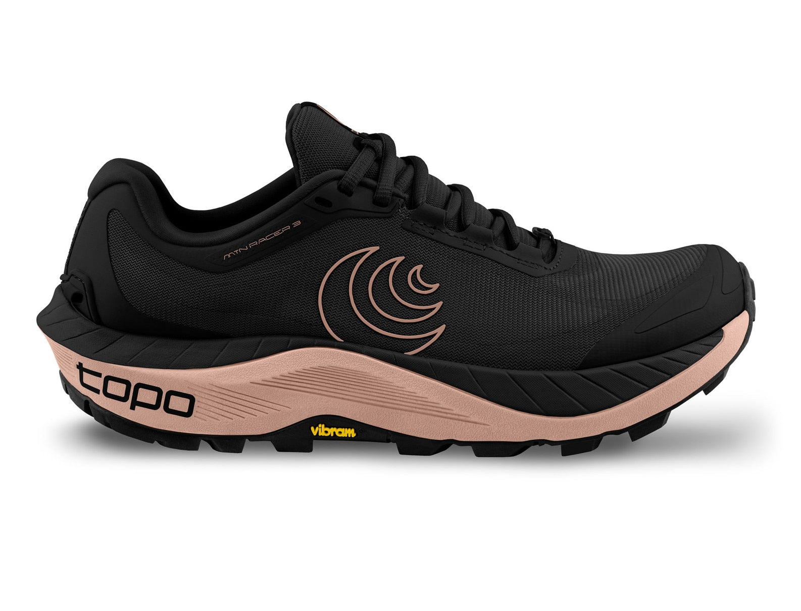 Side view on white background of Womens Topo Athletic MTN Racer 3 running shoe in Black/Mauve, Medium (Regular) width