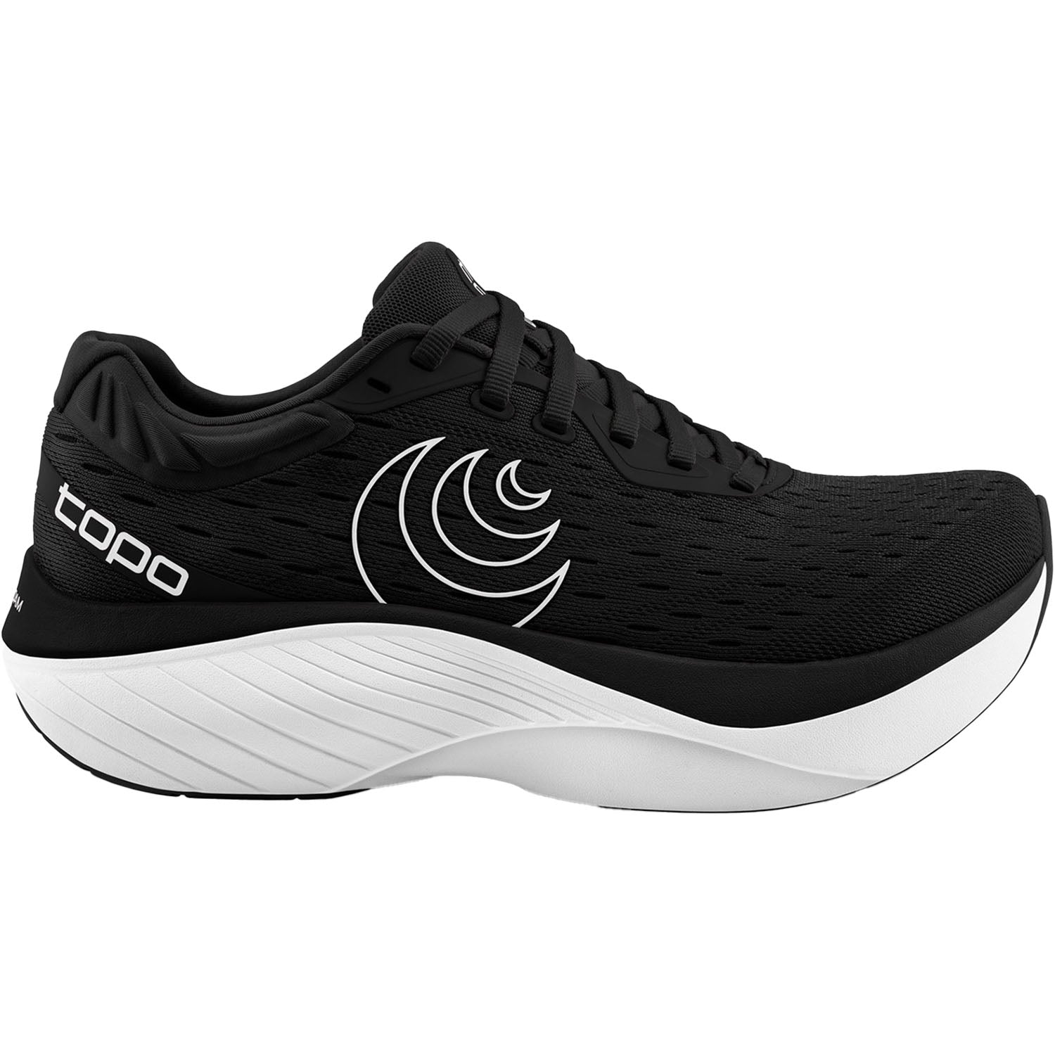 Side view on white background of Womens Topo Athletic Atmos running shoe in Black/White, Medium (Regular) width