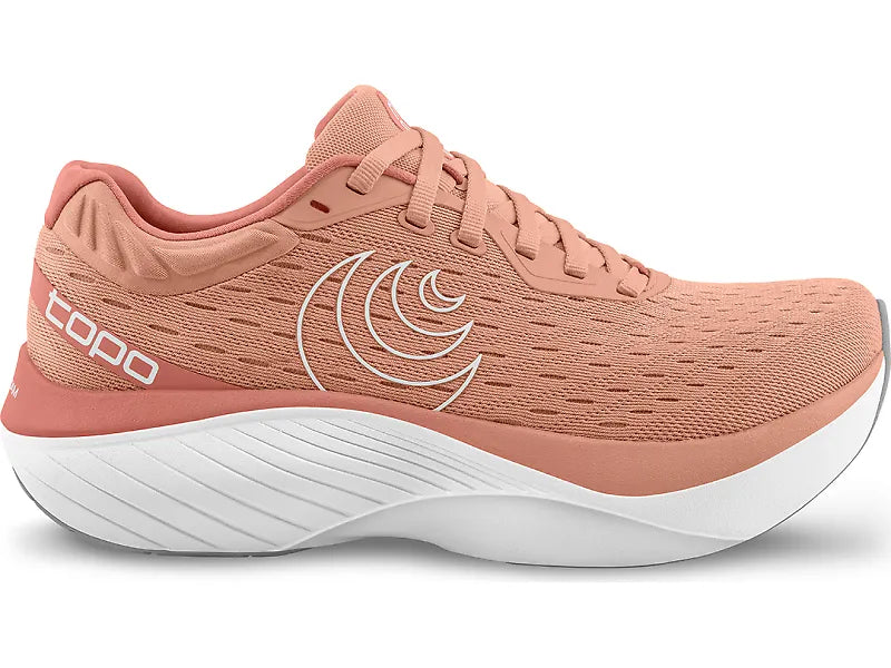 Side view on white background of Womens Topo Athletic Atmos running shoe in Dusty Rose/White, Medium (Regular) width