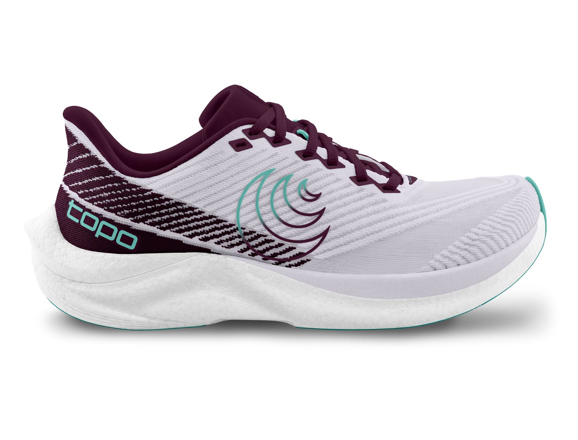 Side view on white background of Womens Topo Athletic Cyclone 3 running shoe in Lilac/Purple, Medium (Regular) width