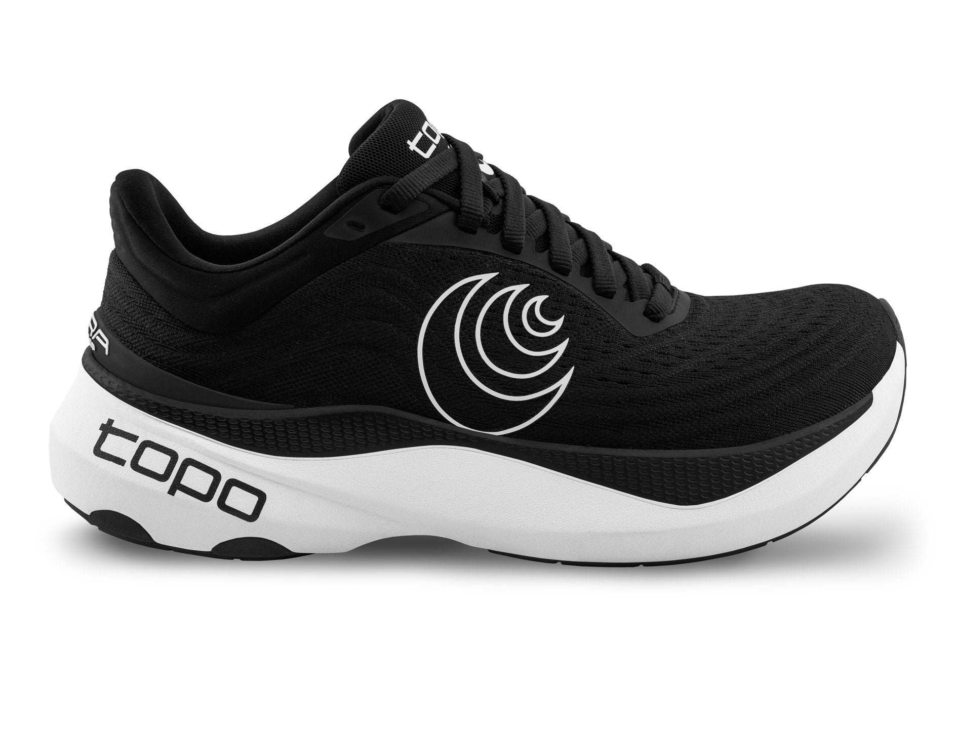 Side view on white background of Womens Topo Athletic Aura running shoe in Black/White, Wide width