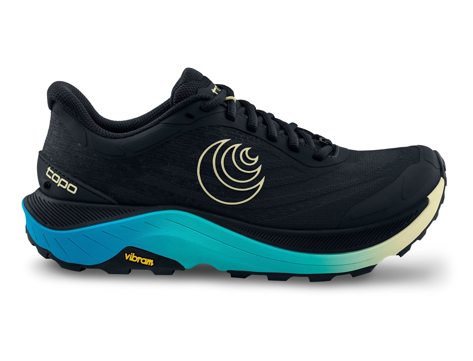 Side view on white background of Womens Topo Athletic Ultraventure 4 running shoe in Black/Lime, Wide width