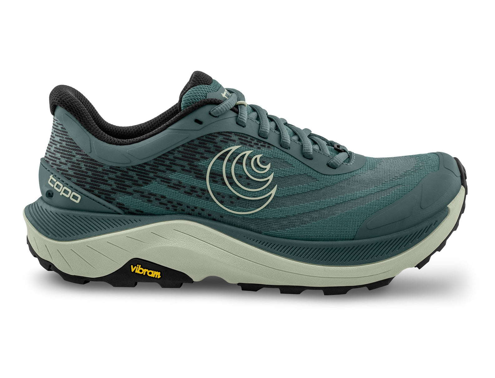 Side view on white background of Womens Topo Athletic Ultraventure 4 running shoe in Stone/Grey, Medium (Regular) width