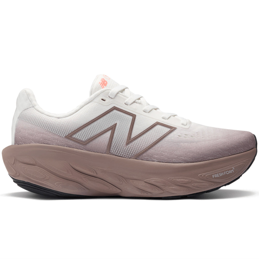 Side view on white background of Womens New Balance Fresh Foam X 1080 running shoe in Earth Shadow/Reflection/Urgent Red, Wide width