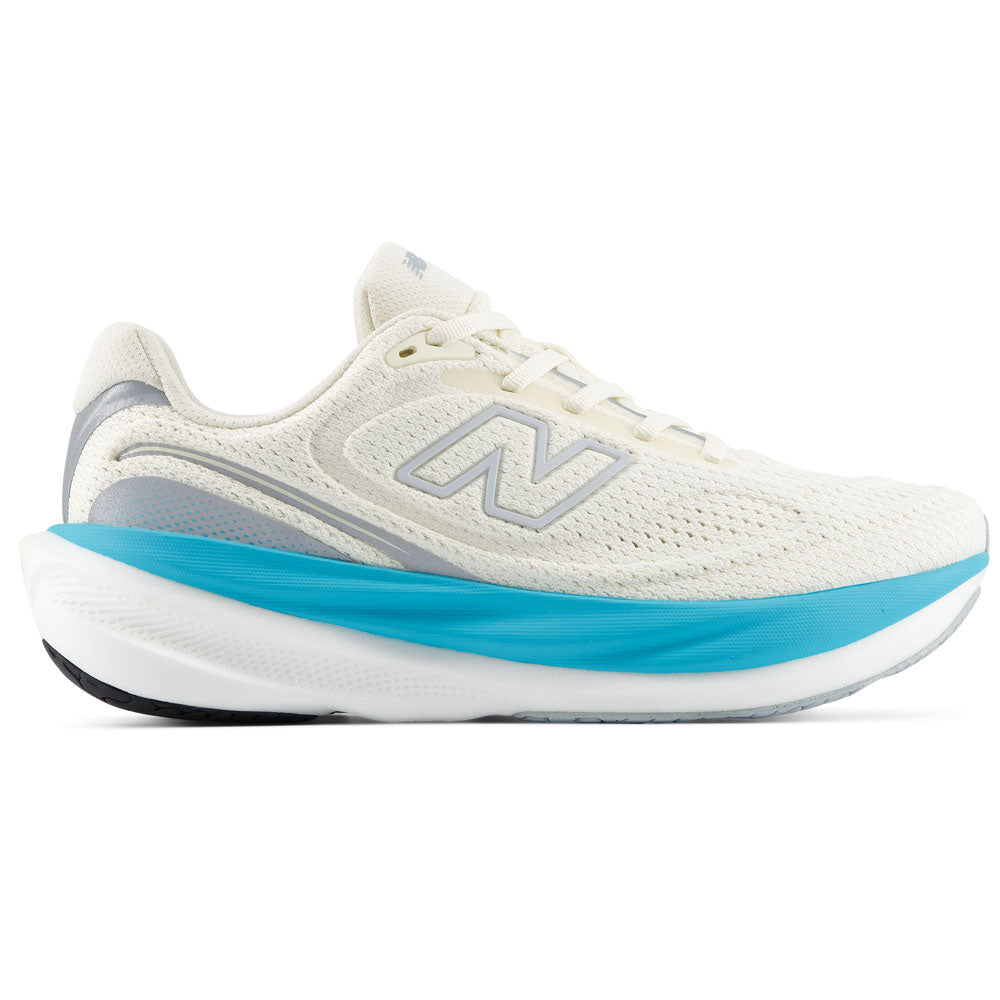 Side view on white background of Womens New Balance Fresh Foam X 1080 running shoe in Angora/Blue Glaze, Medium (Regular) width