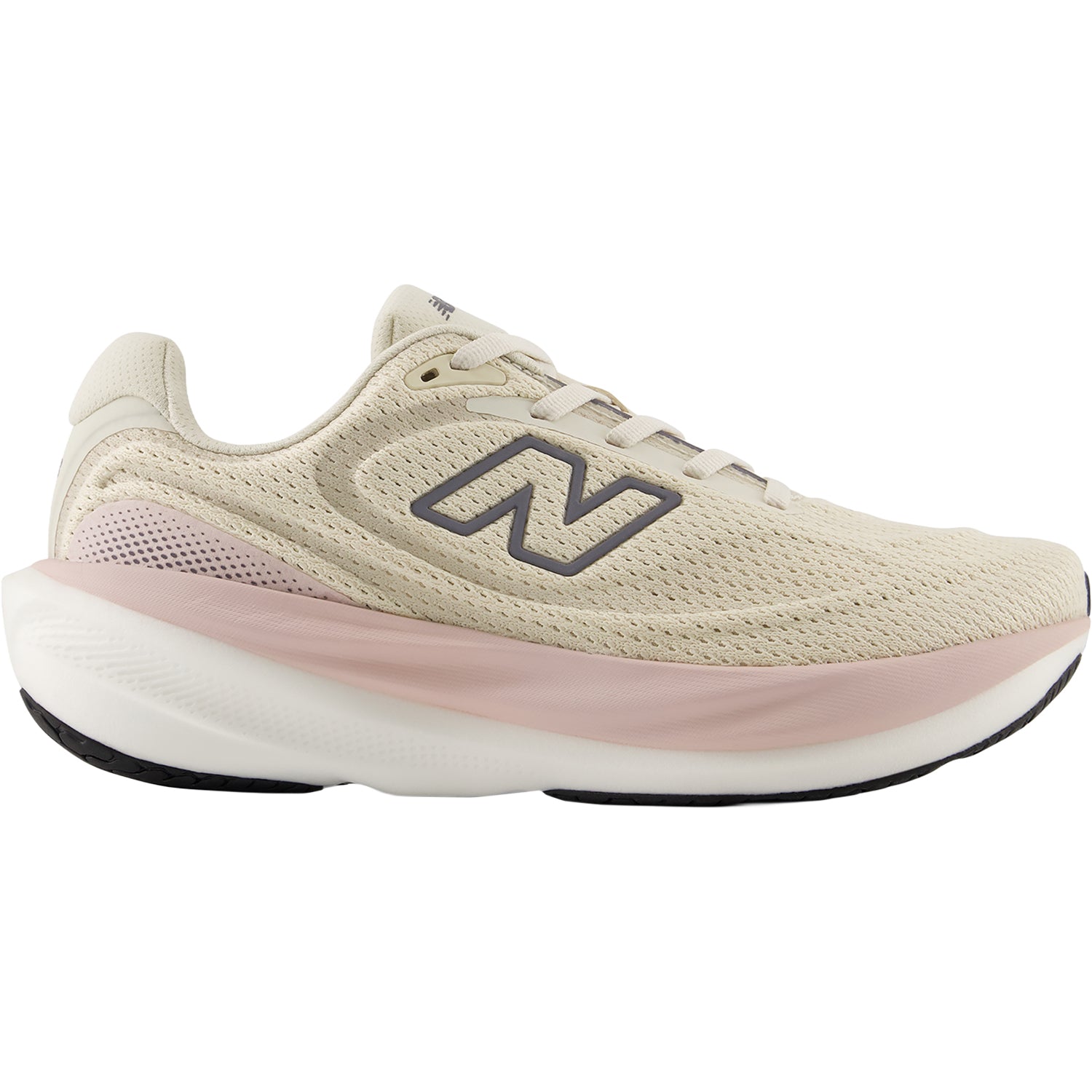 Side view on white background of Womens New Balance Fresh Foam X 1080v15 running shoe in Timberwolf/Neptune Grey, Wide width