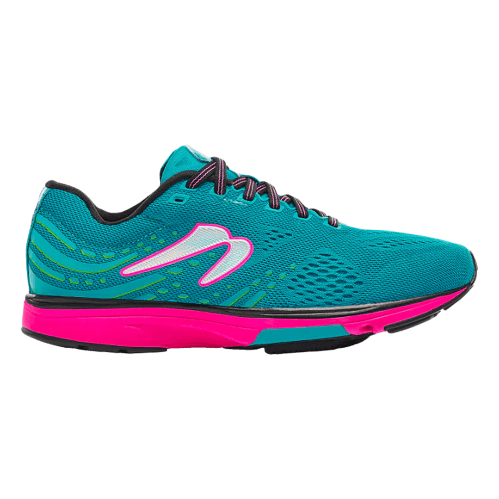 Side view on white background of Womens Newton Running Fate 9 running shoe in Violet/Turquoise, Medium (Regular) width