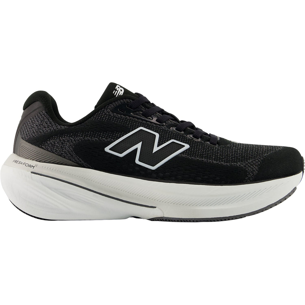 Side view on white background of Womens New Balance Fresh Foam X 860v15 running shoe in Black Cement/Sea Salt/Silver Metallic, Wide width