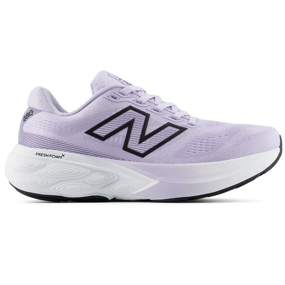 Side view on white background of Womens New Balance Fresh Foam 880 running shoe in Smoked Violet/Black, Medium (Regular) width