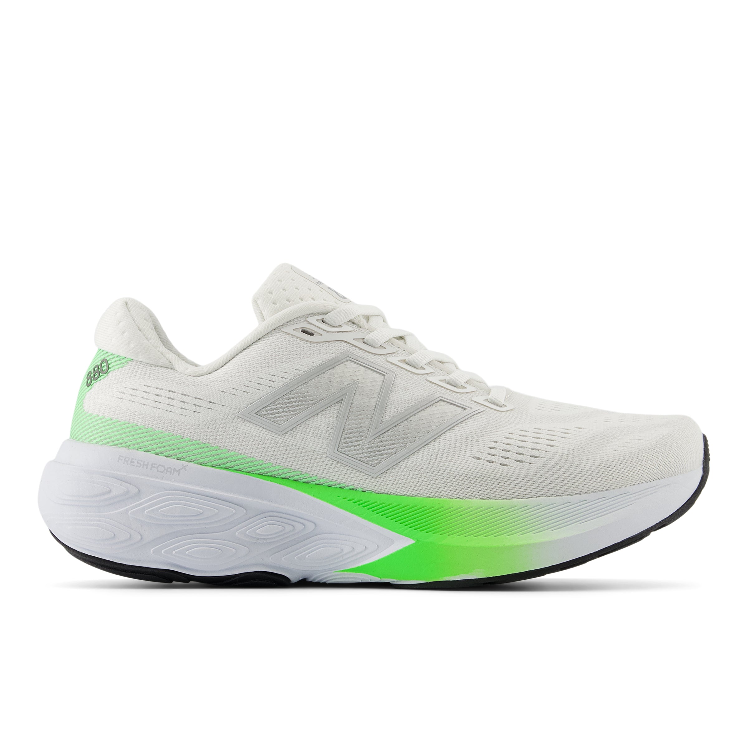 Side view on white background of Womens New Balance Fresh Foam X 880v15 running shoe in Reflection/Electric Jade/Ice Bue/Greymatter, Narrow width
