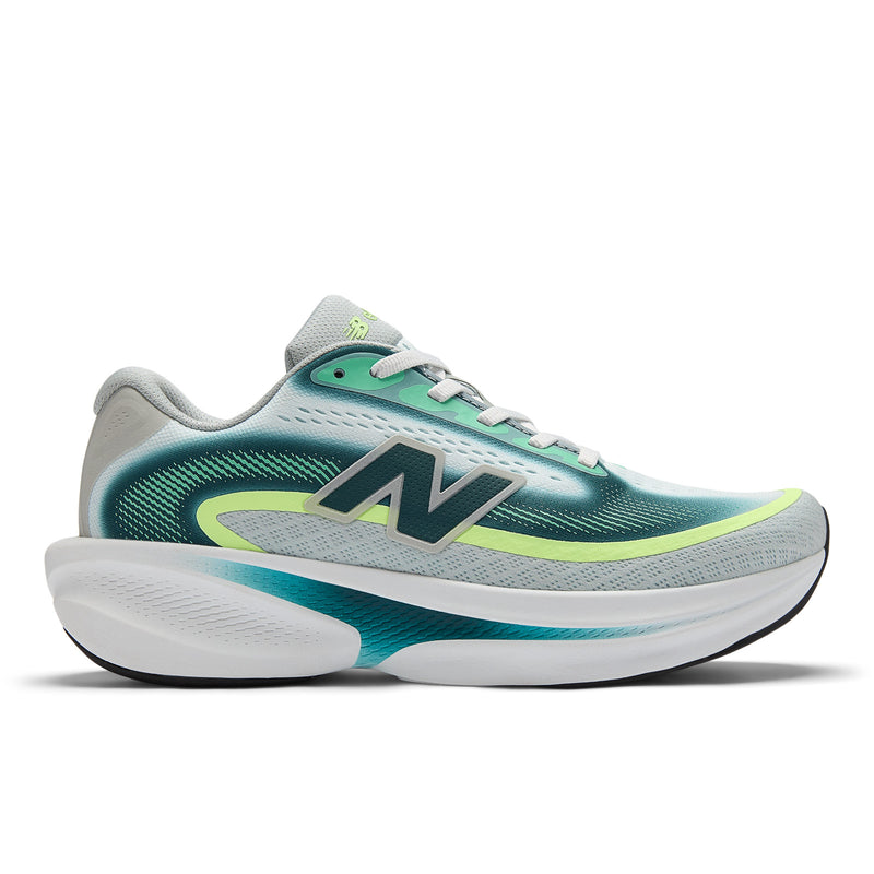 Side view on white background of Womens New Balance Ellipse v1 running shoe in Deepend/Medusa Green/Afterglow, Wide width