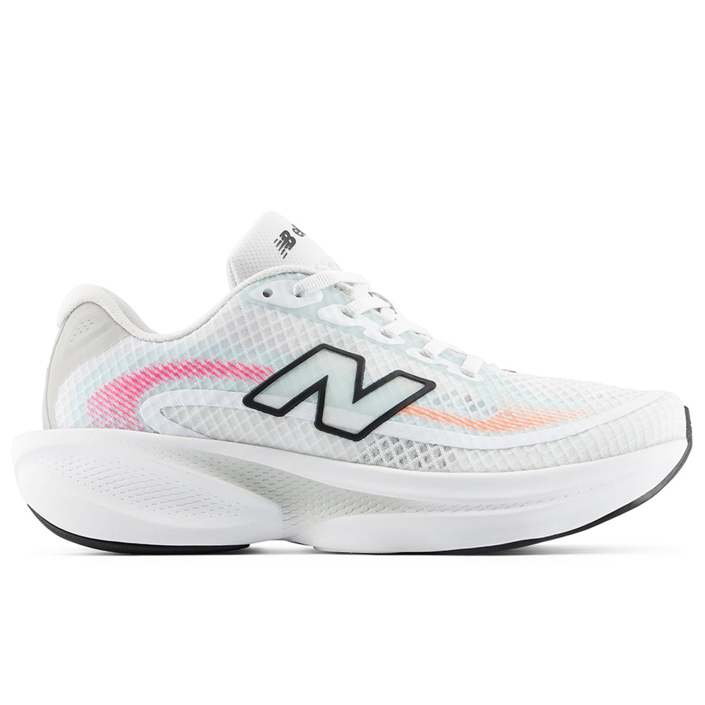 Side view on white background of Womens New Balance Ellipse running shoe in NB 103 White/Black/Glint Blue, Medium (Regular) width