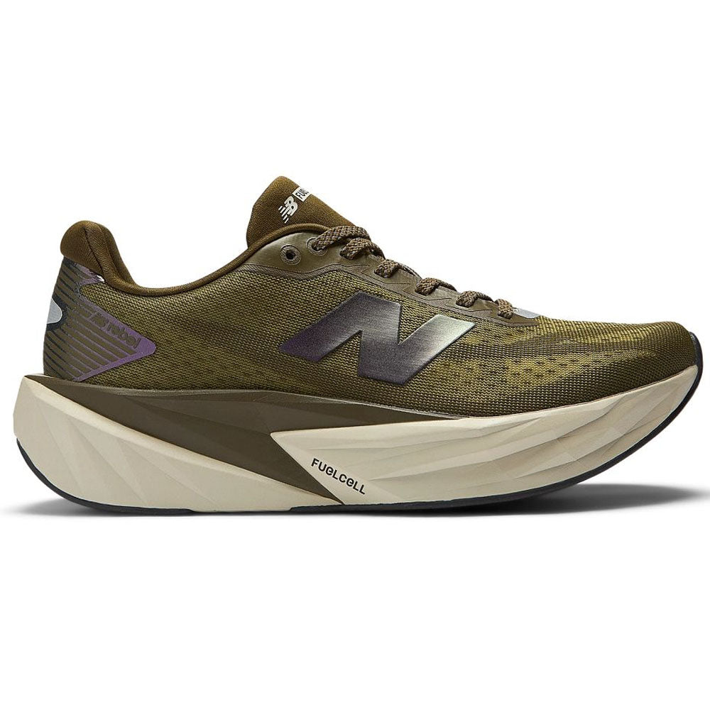 Side view on white background of Womens New Balance FuelCell Rebel running shoe in Woodland/Shipyard/Silver Metallic, Medium (Regular) width