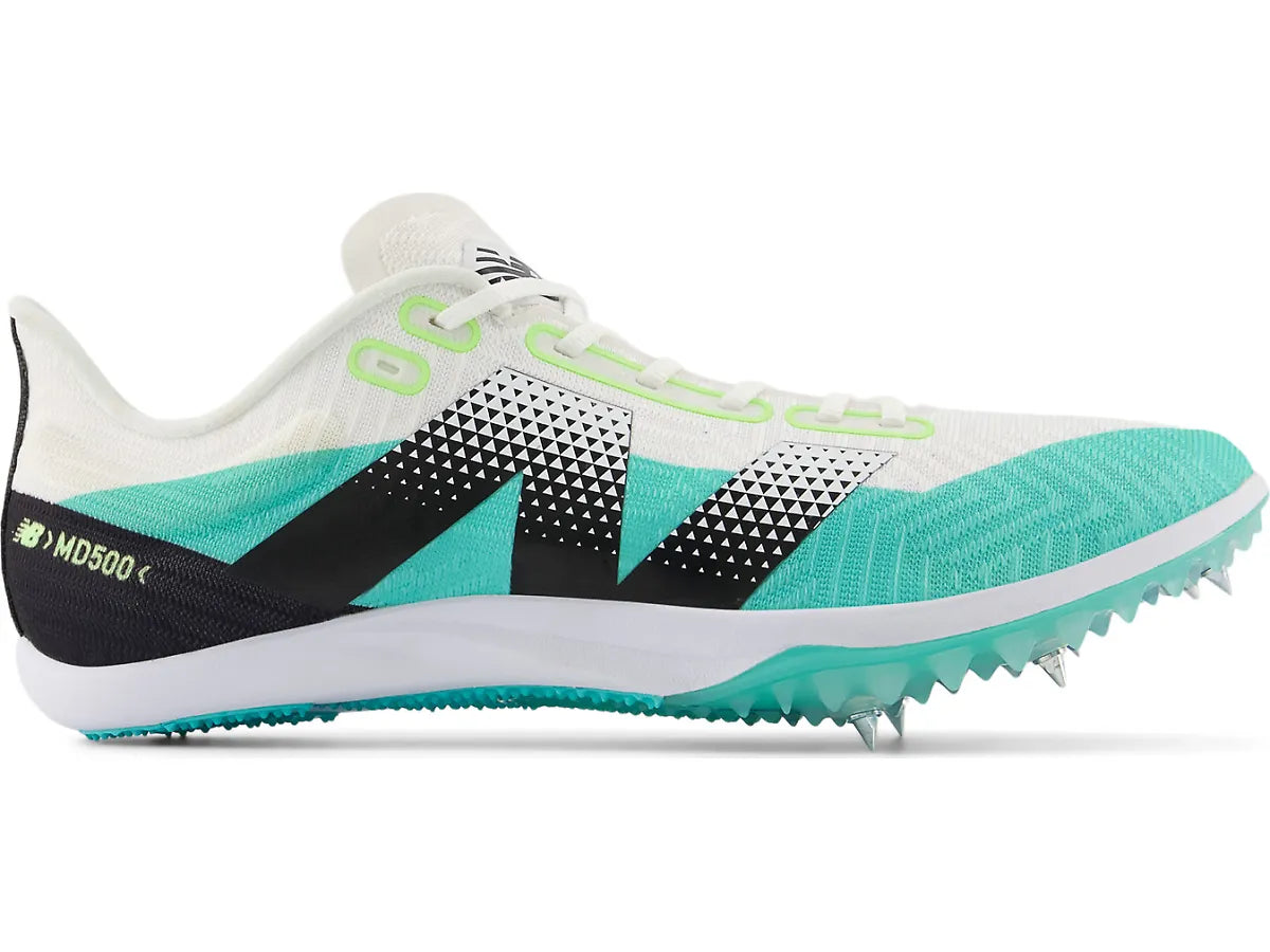 Side view on white background of Womens New Balance FuelCell MD500 v9 running shoe in White/Cyber Jade/Black, Medium (Regular) width