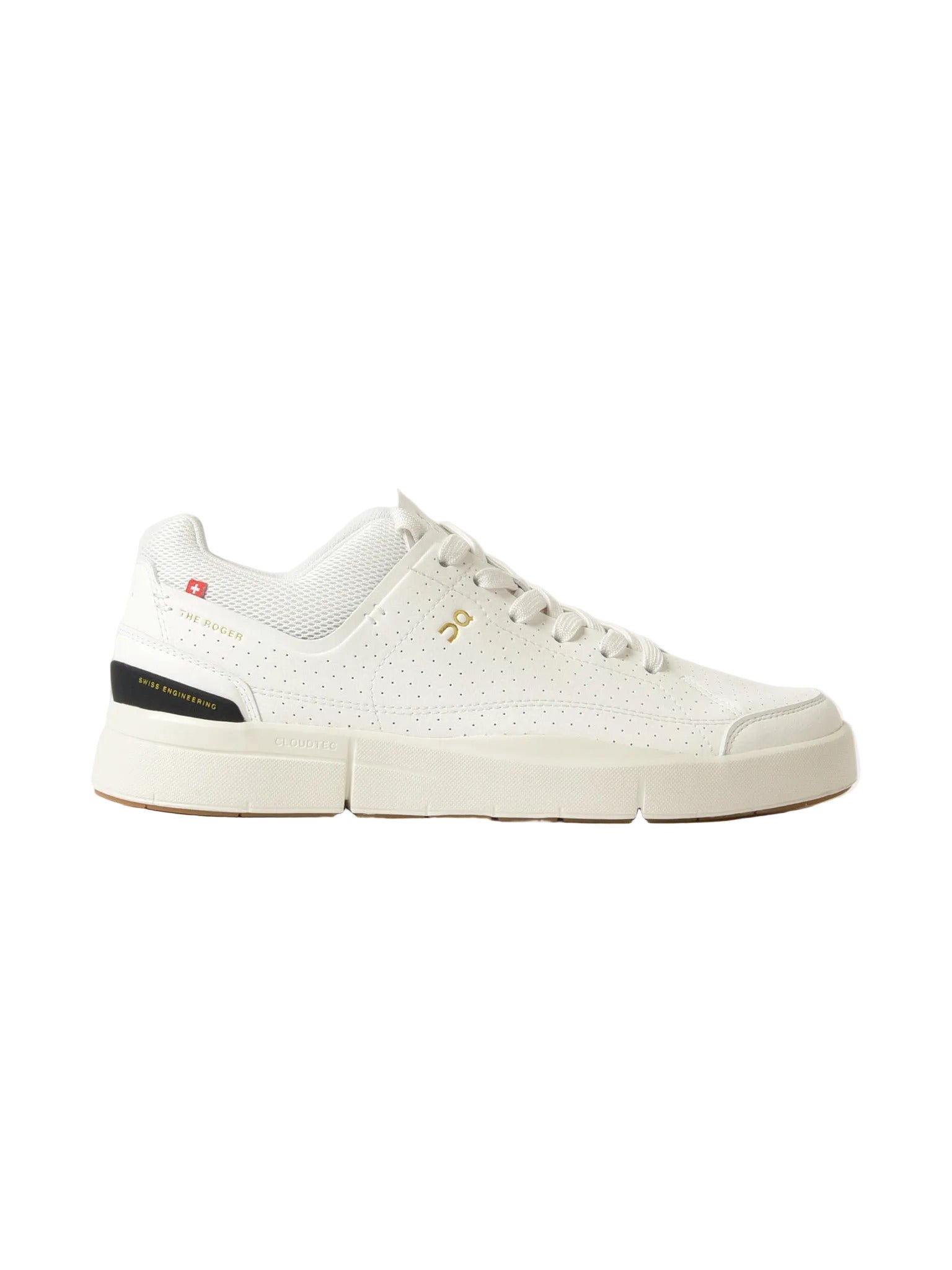 Side view on white background of Womens On The Roger Centre Court 3 running shoe in White/Black, Medium (Regular) width
