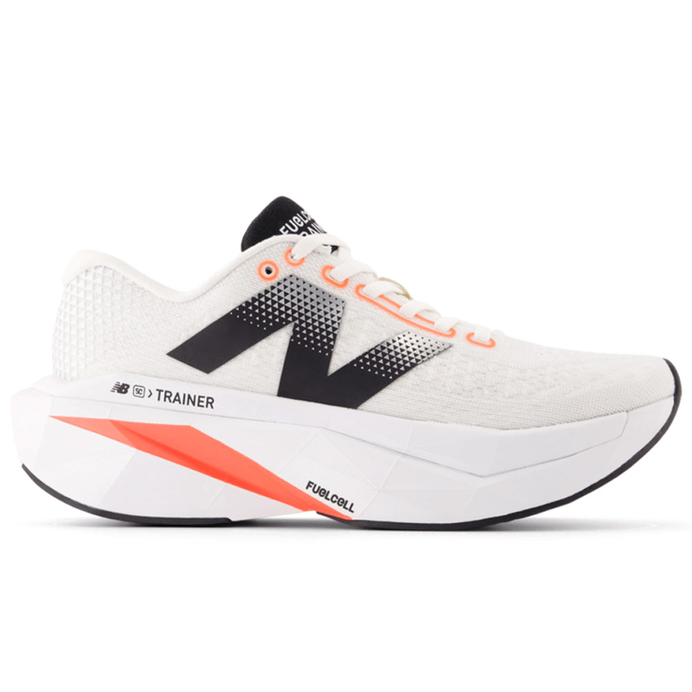 Side view on white background of Womens New Balance FuelCell SuperComp running shoe in Sea Salt/Urgent Red/Black, Wide width