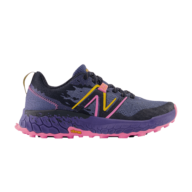 Side view on white background of Womens New Balance Fresh Foam X Hierro V7 running shoe in Night Sky/Vibrant Pink/Black, Wide width