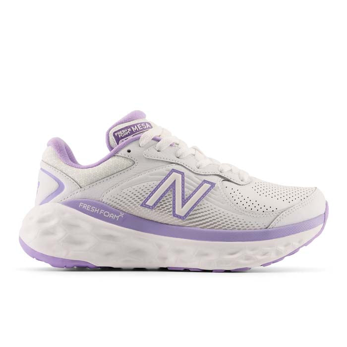 Side view on white background of Womens New Balance Fresh Foam X 840F running shoe in White/Lilac Glo/White, Wide width