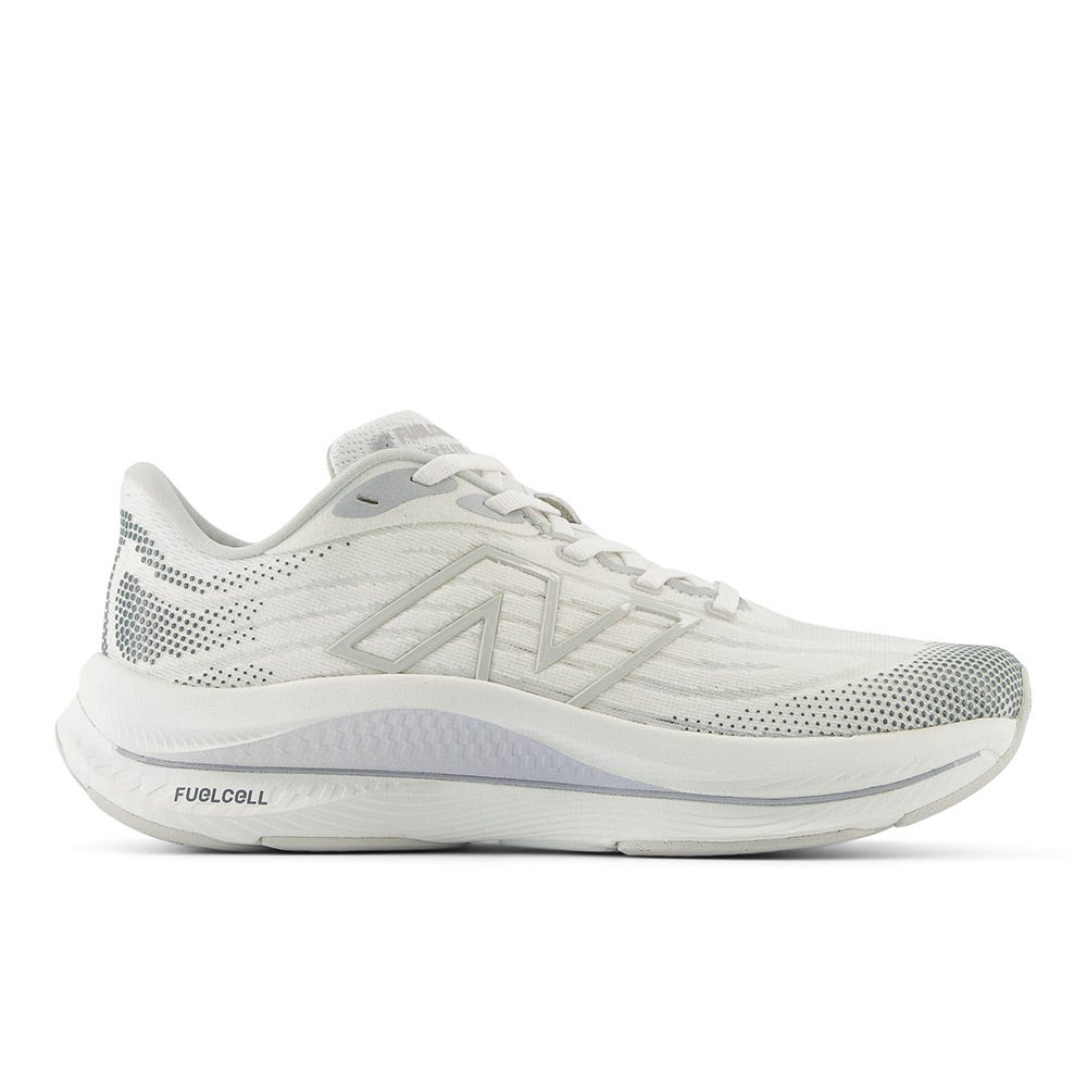 Side view on white background of Womens New Balance FuelCell Walker Elite running shoe in White/Grey Matter/White, Medium (Regular) width
