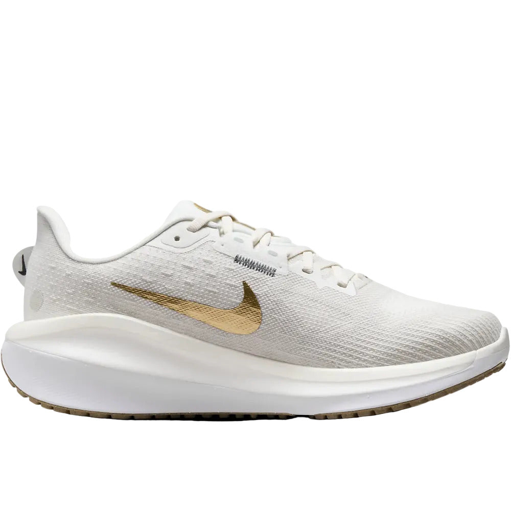 Side view on white background of Womens Nike Vomero 17 running shoe in Phantom/Metallic Gold/Light Bone/Sail, Medium (Regular) width