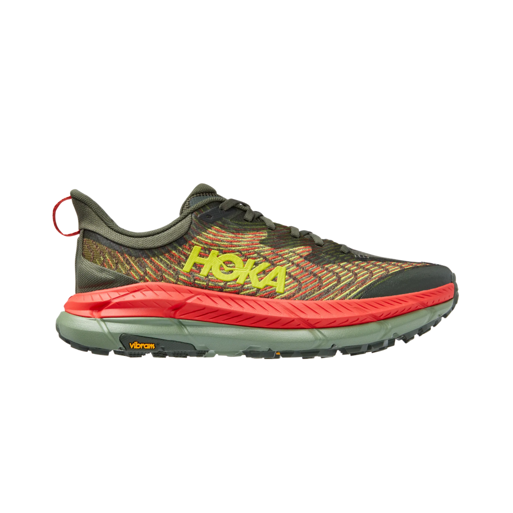 Side view on white background of Mens Hoka Mafate Speed 4 running shoe in Thyme/Fiesta, Medium (Regular) width