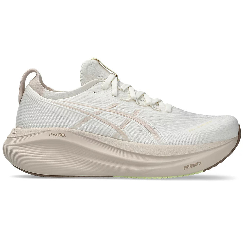 Side view on white background of Womens Asics Gel-Nimbus running shoe in Cream/Mineral Beige, Medium (Regular) width