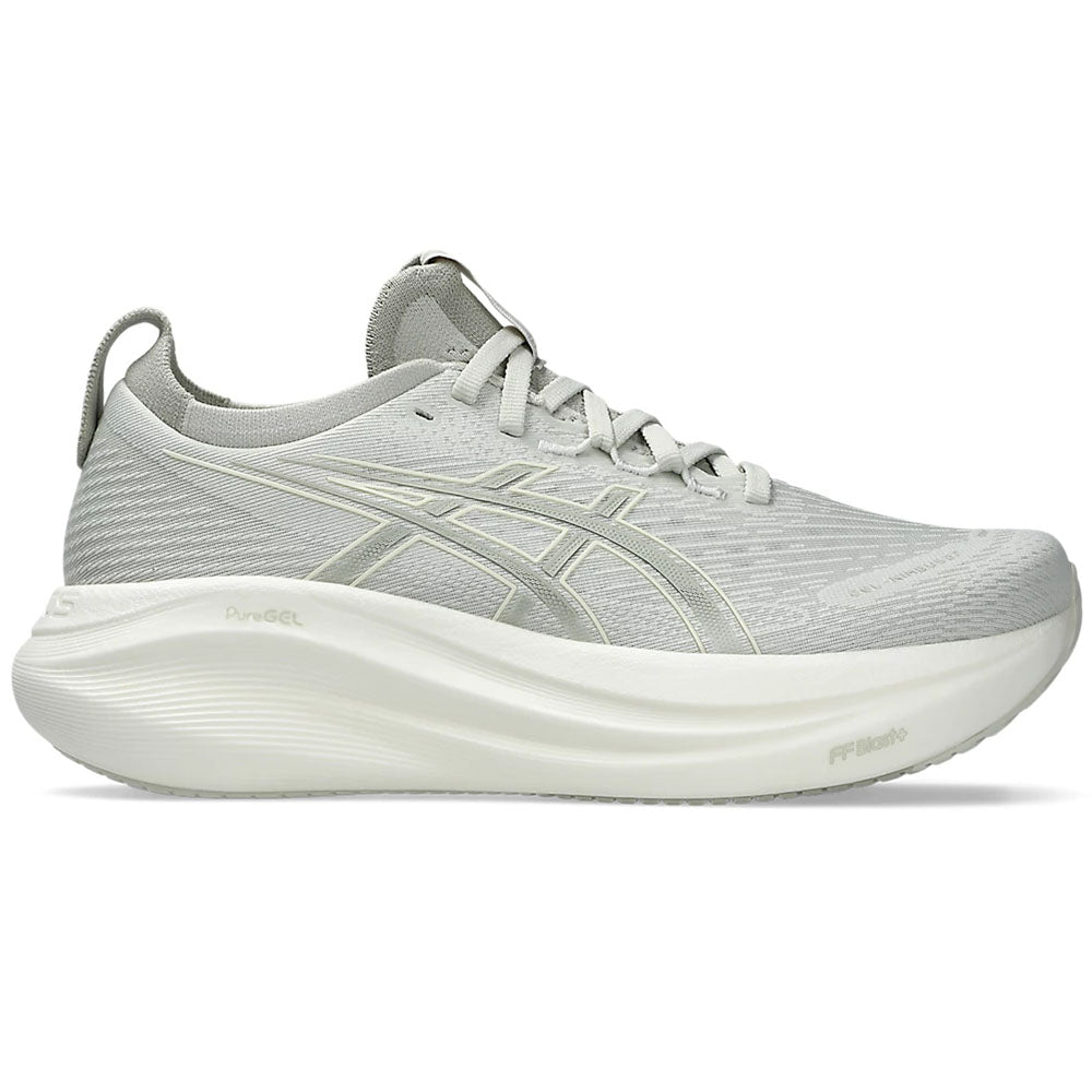 Side view on white background of Womens Asics Gel-Nimbus running shoe in Lake Grey/White Sage, Medium (Regular) width