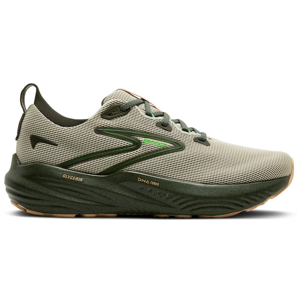 Side view on white background of Mens Brooks Glycerin running shoe in Beetle/Celadon/Ivory, Medium (Regular) width