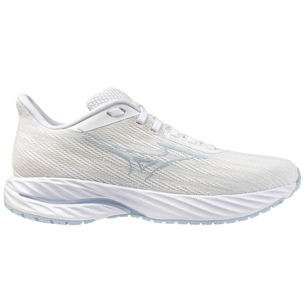 Side view on white background of Womens Mizuno Wave Inspire running shoe in White/Nantucket Breeze, Medium (Regular) width