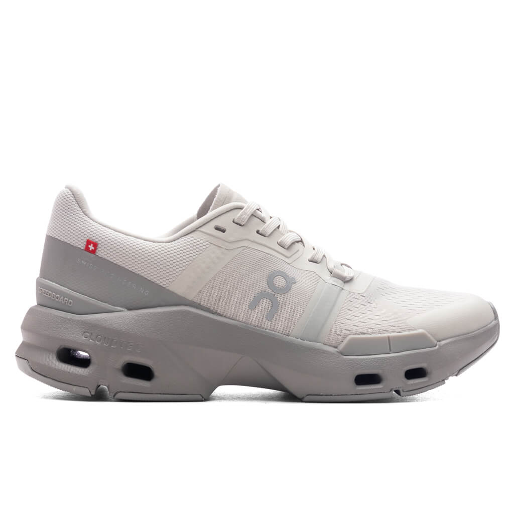 Side view on white background of Womens On Cloudpulse running shoe in Ice/Fog, Medium (Regular) width