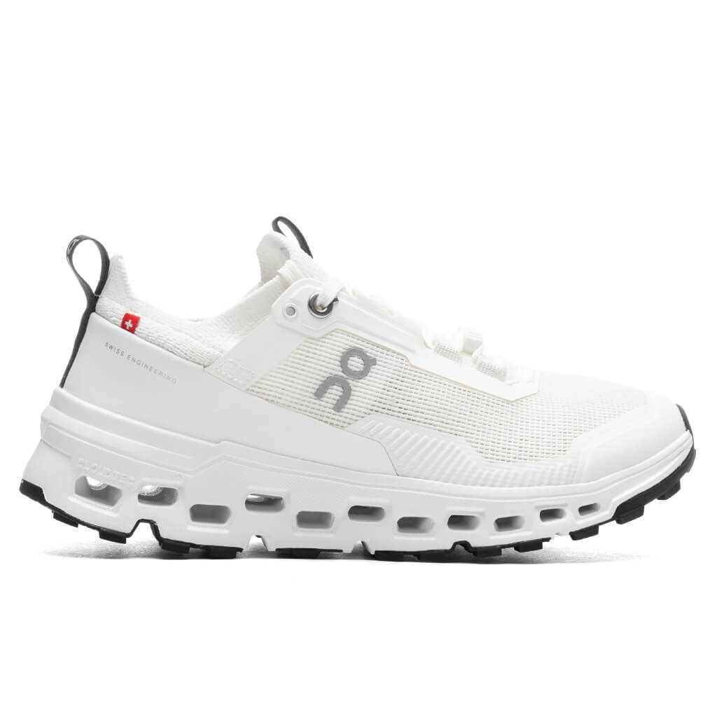 Side view on white background of Womens On Cloudultra 2 running shoe in Undyed/White, Medium (Regular) width