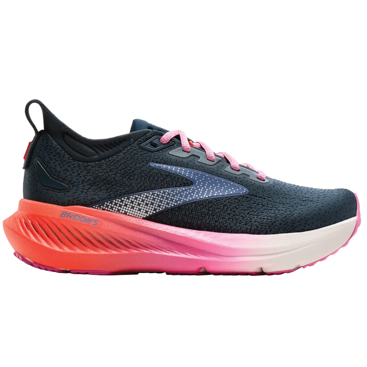 Side view on white background of Womens Brooks Glycerin 23 running shoe in Sea/Strawberry/Coral, Medium (Regular) width
