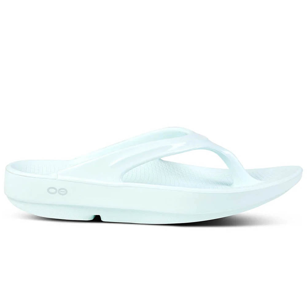 Side view on white background of Womens OOFOS OOlala running shoe in Ice, Medium (Regular) width