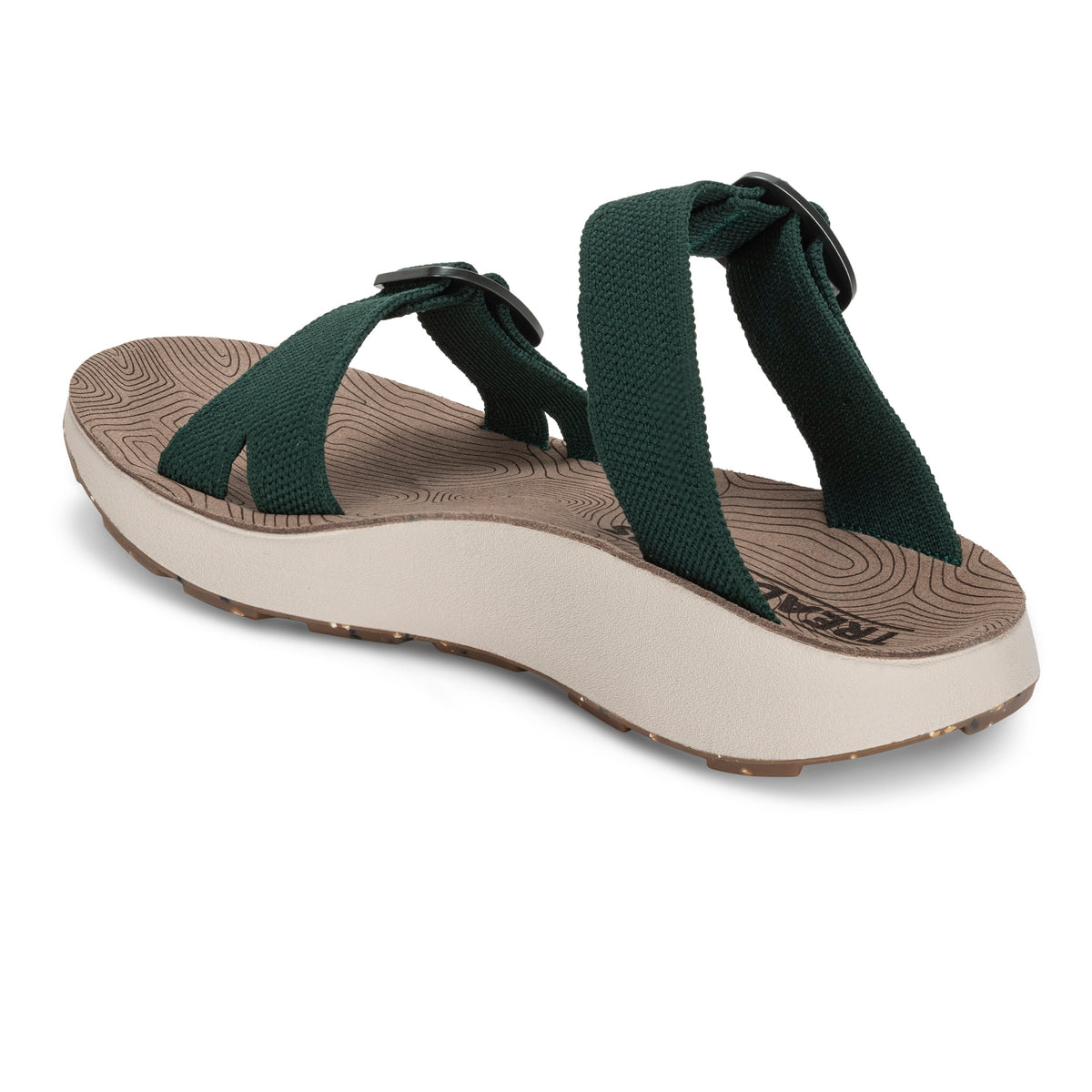 Tread Labs Salinas Slide sandal in Ivy green - angled rear view showing heel strap and wood-grain textured arch support footbed